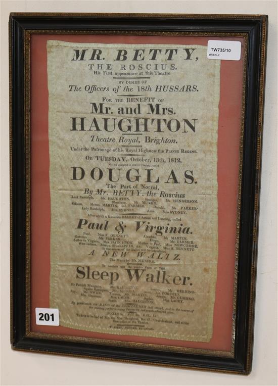 A George III Theatre Royal, Brighton silk programme, dated 1812, framed, 35cm x 20.5cm